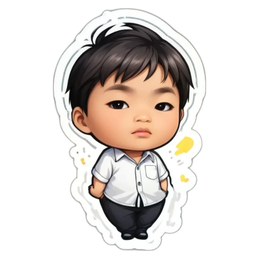 A boy is wearing a white shirt and black pants.