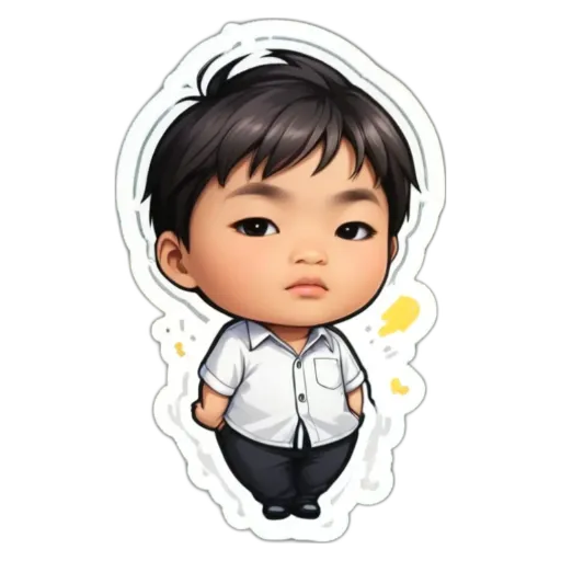 A boy is wearing a white shirt and black pants.