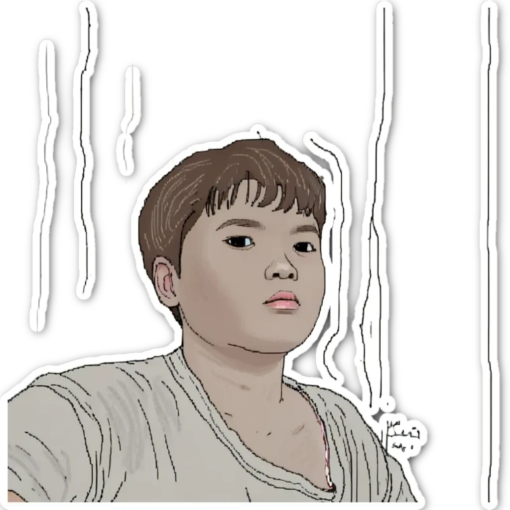 A boy wearing a white t-shirt has his head tilted to the side.