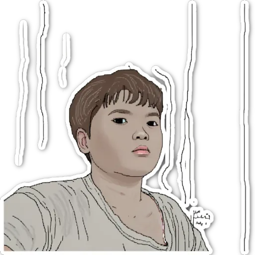 A boy wearing a white t-shirt has his head tilted to the side.