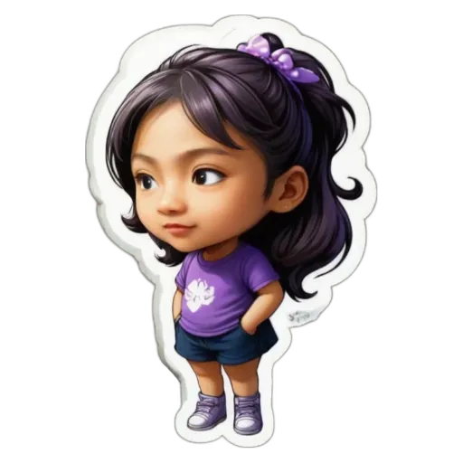 A girl with a bow in her hair is wearing a purple shirt.