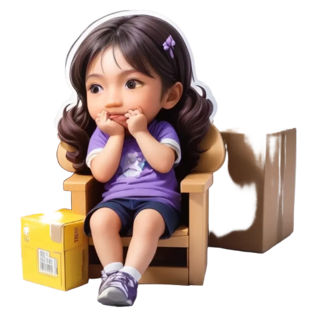 A girl sitting on a chair in front of a cardboard box.