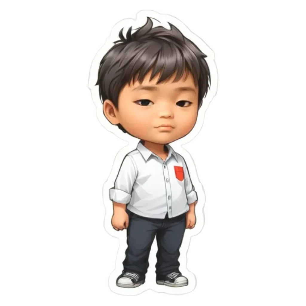 A boy is wearing a white shirt and black pants.