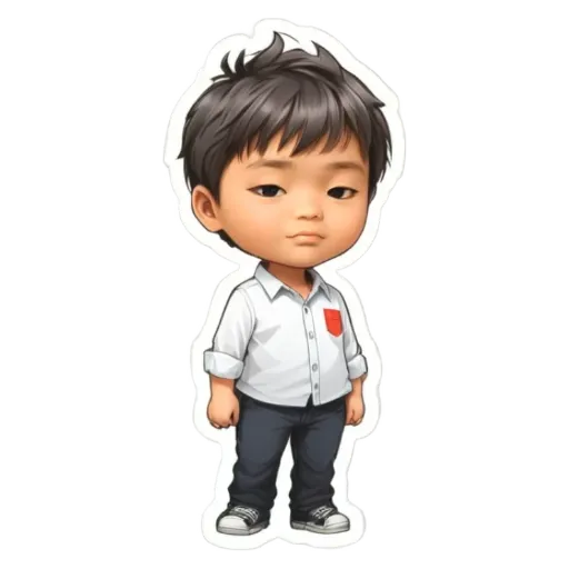 A boy is wearing a white shirt and black pants.