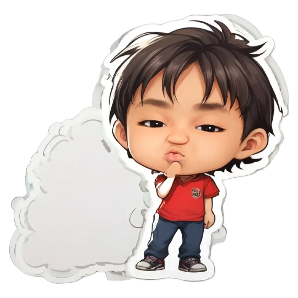 A boy who has a red shirt and is smoking a cigarette.