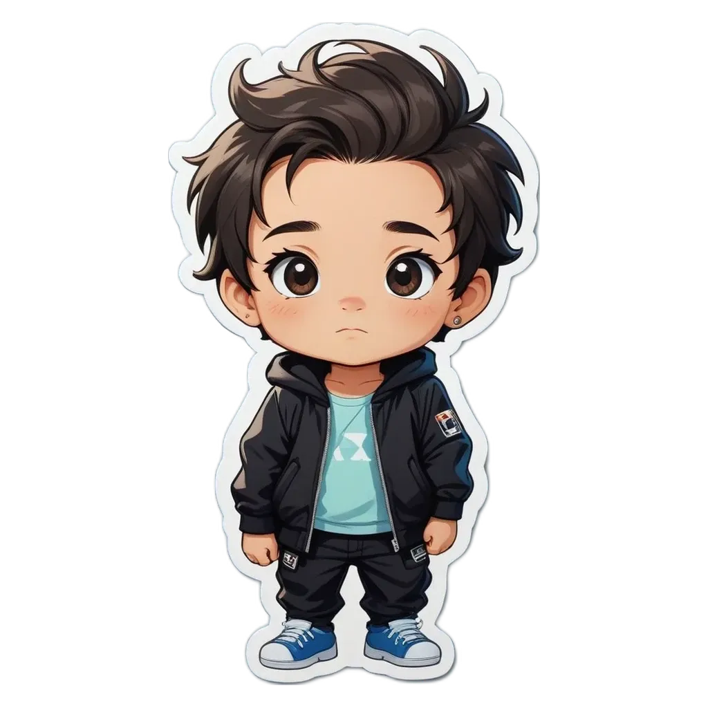 A boy wearing a black jacket and blue jeans standing with his arms crossed.