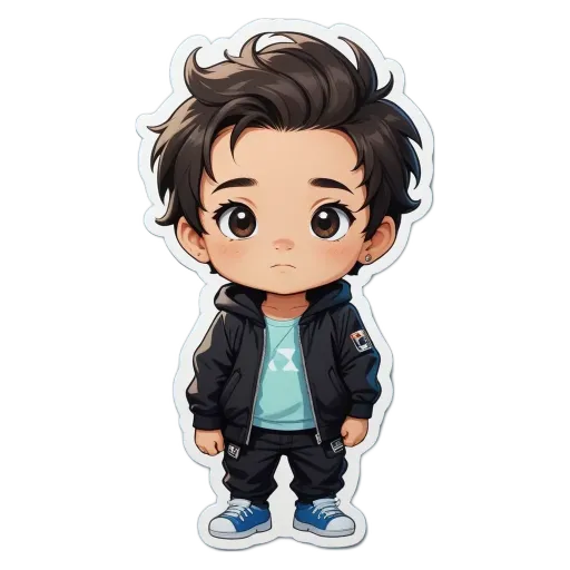 A boy wearing a black jacket and blue jeans standing with his arms crossed.