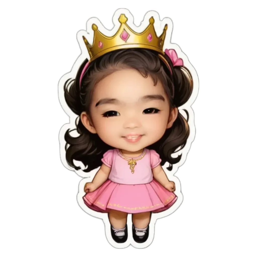 A girl with a crown on her head is standing in a pink dress.