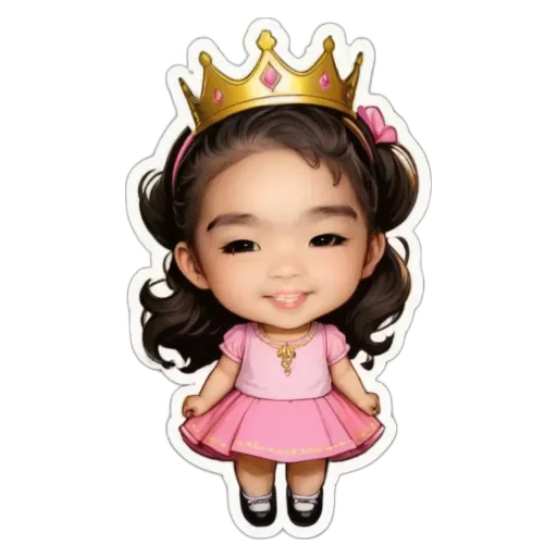 A girl with a crown on her head is standing in a pink dress.