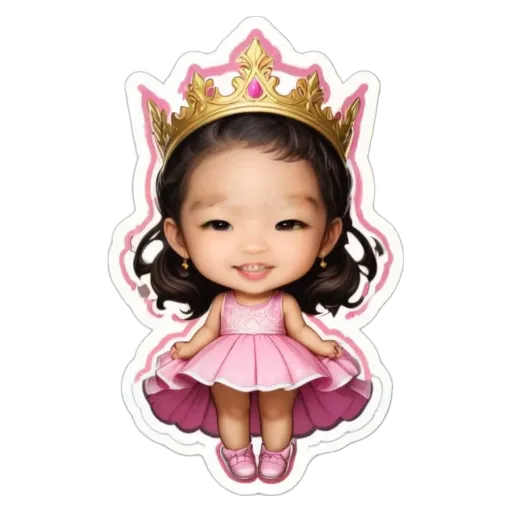 A girl with a crown on her head is standing in a pink dress.