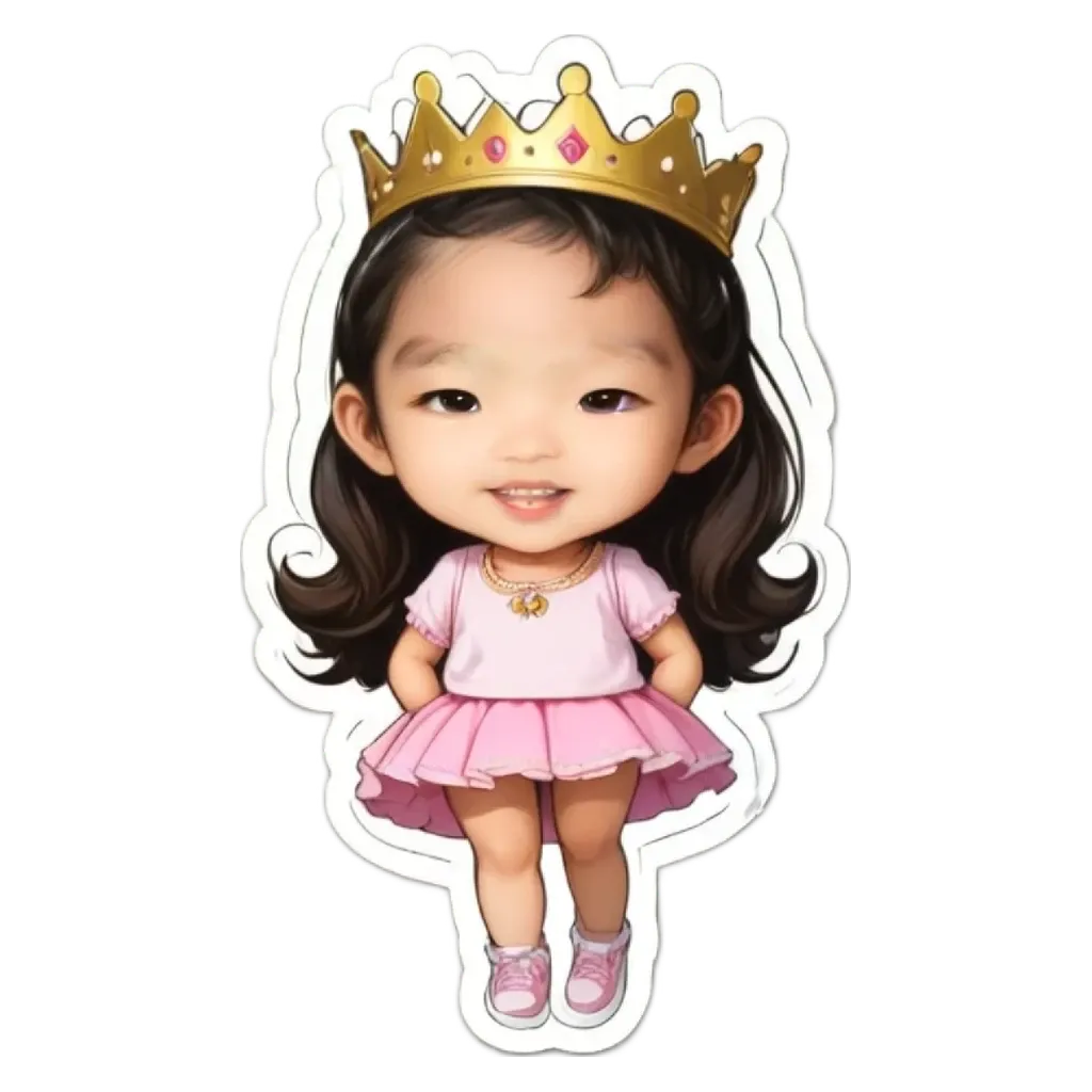 A girl with a crown on her head is standing in a pink dress.