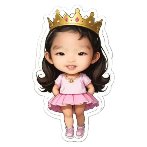 A girl with a crown on her head is standing in a pink dress.