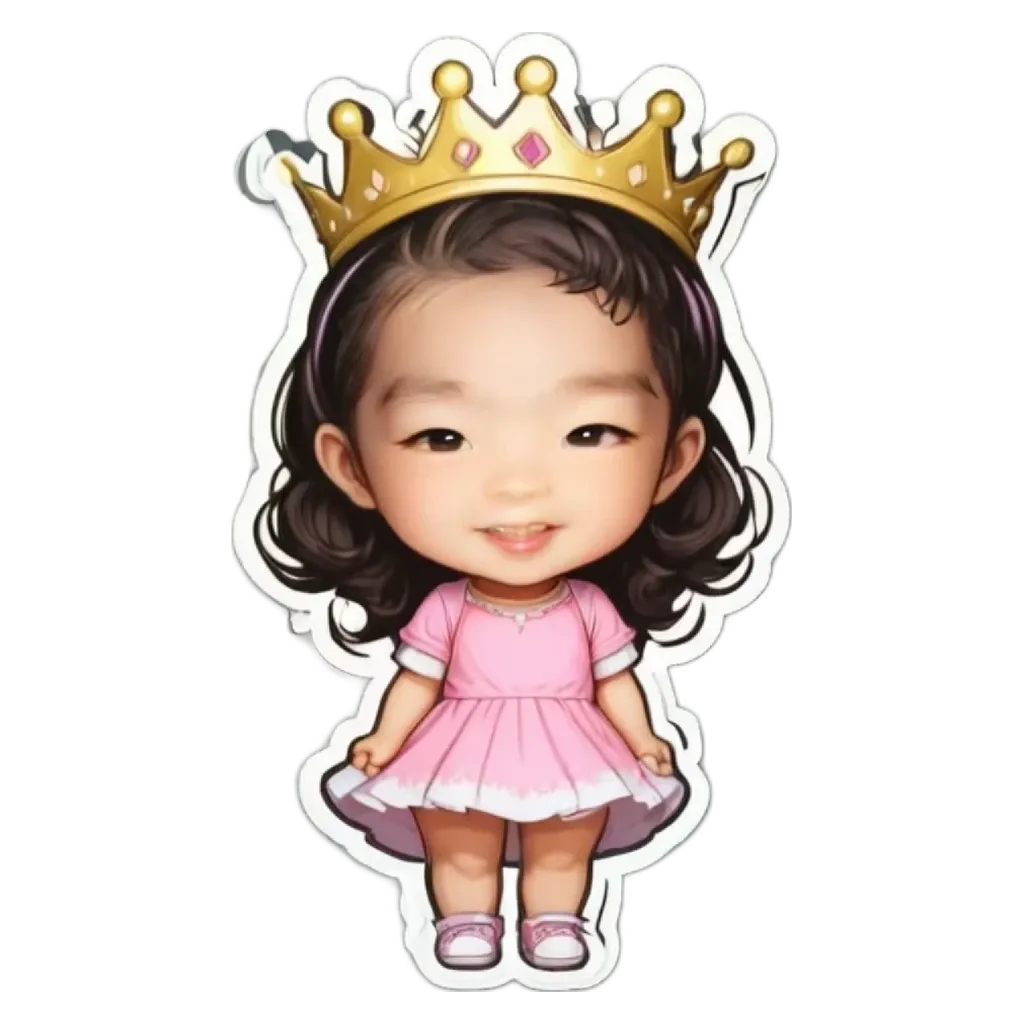 A girl with a crown on her head is standing in a pink dress.