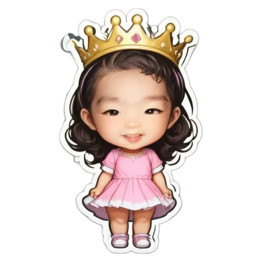 A girl with a crown on her head is standing in a pink dress.