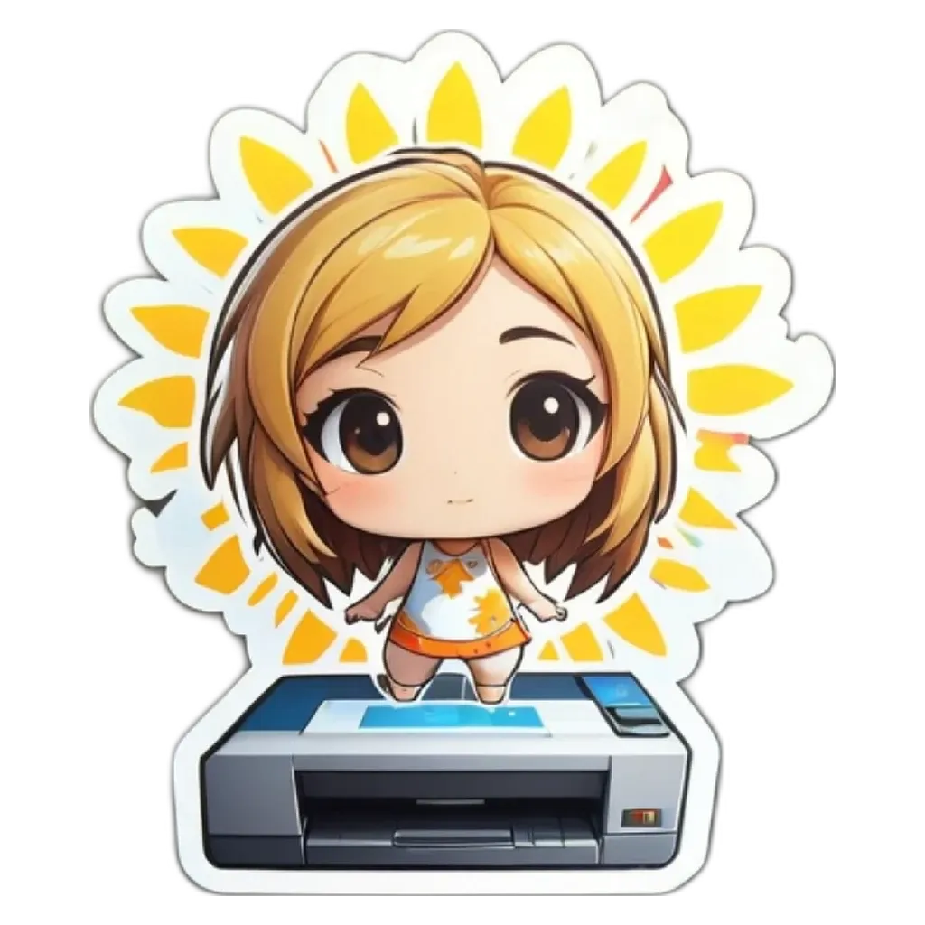 A girl is stickerung to a printer with a sun in her hair.