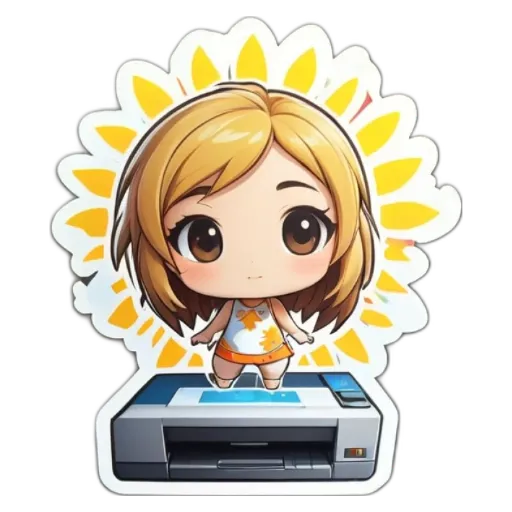 A girl is stickerung to a printer with a sun in her hair.