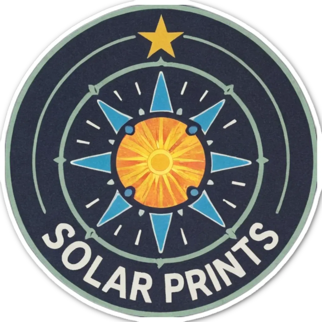 A solar print logo with a sun in the center.