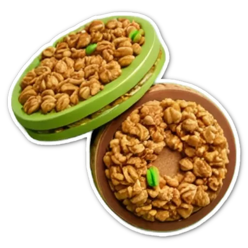 A green and yellow food container of cereal.