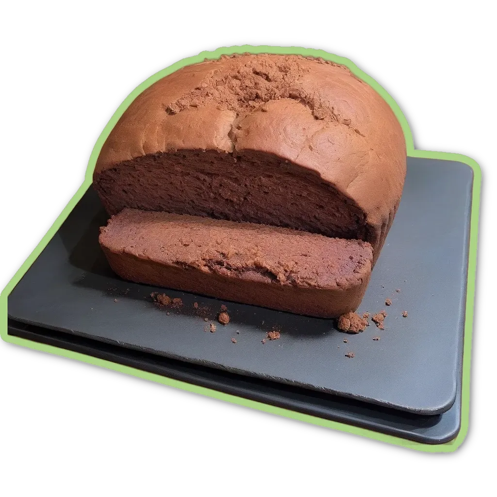 A sliced loaf of bread on a black plate with a green neon square next to it.