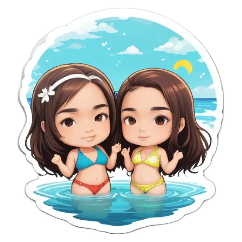 A sticker of two girls in bathing suits on a black and white background.