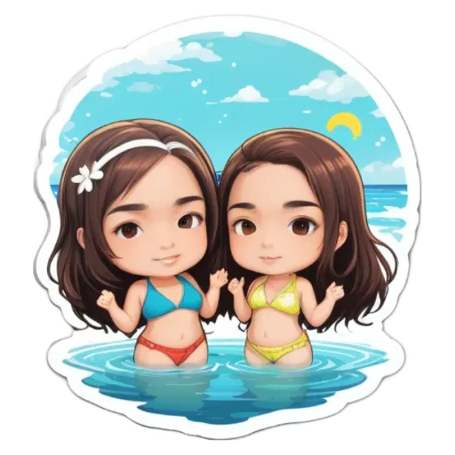 A sticker of two girls in bathing suits on a black and white background.