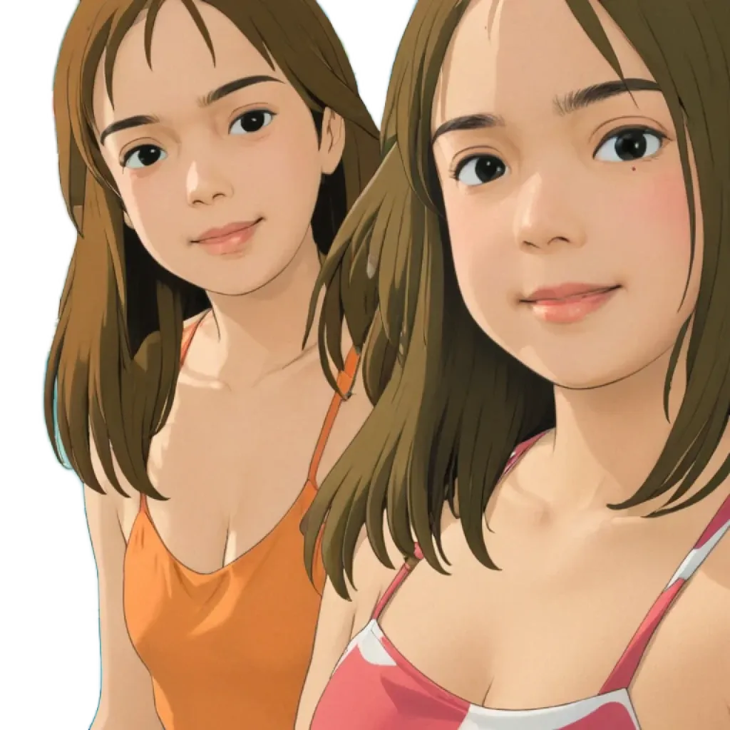 Two girls in the water wearing orange and red bathing suits.