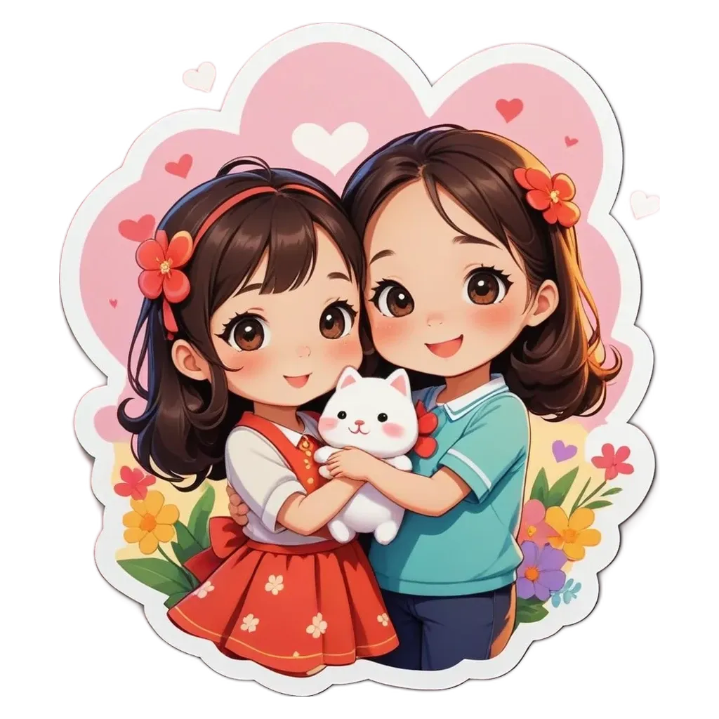 Two girls with cats in front of them and hearts.