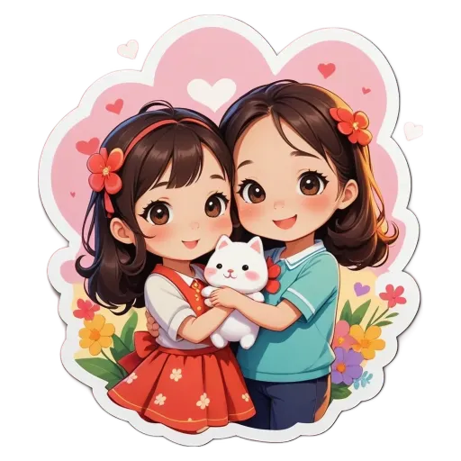 Two girls with cats in front of them and hearts.