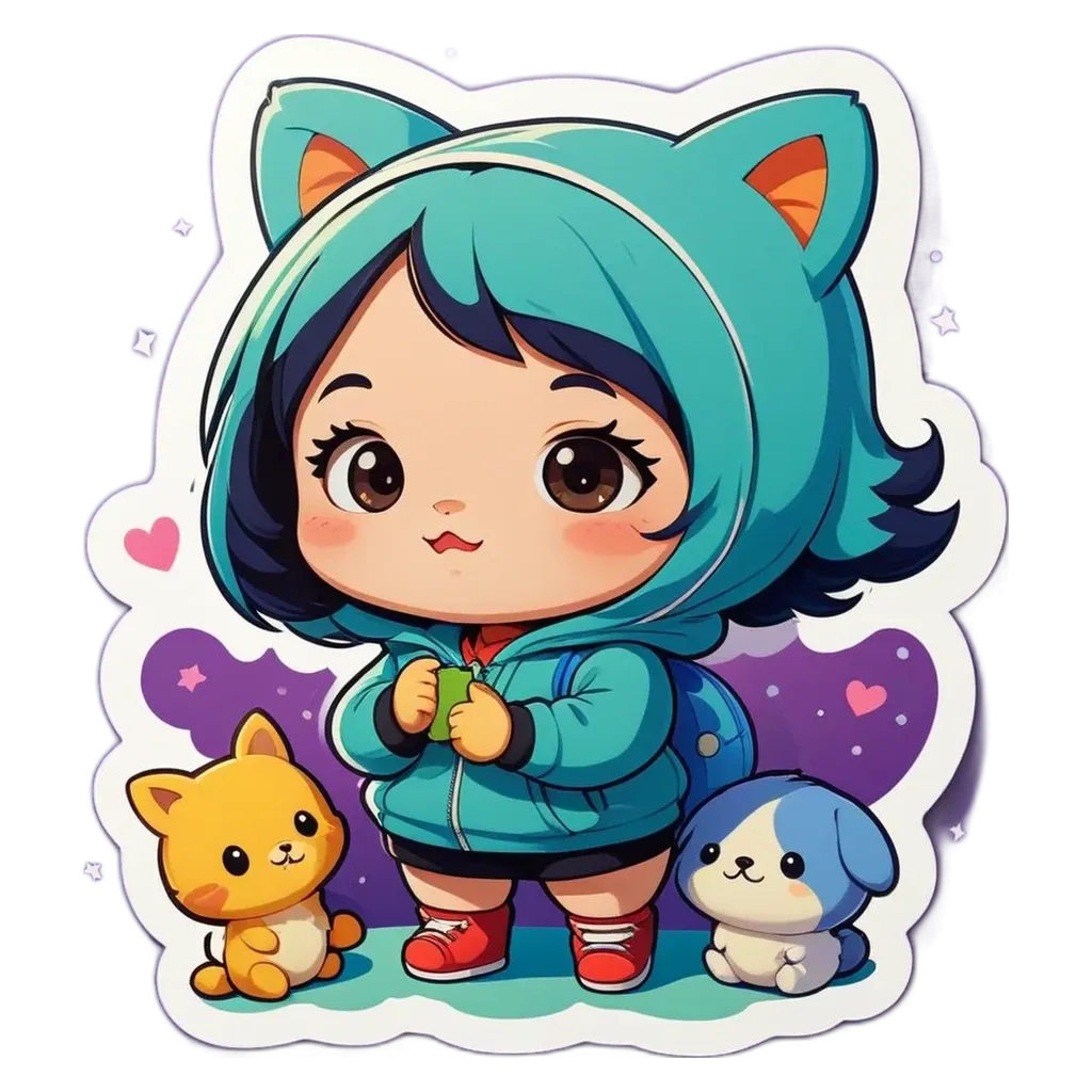 A girl is standing with her cats and she is wearing a blue hoodie.