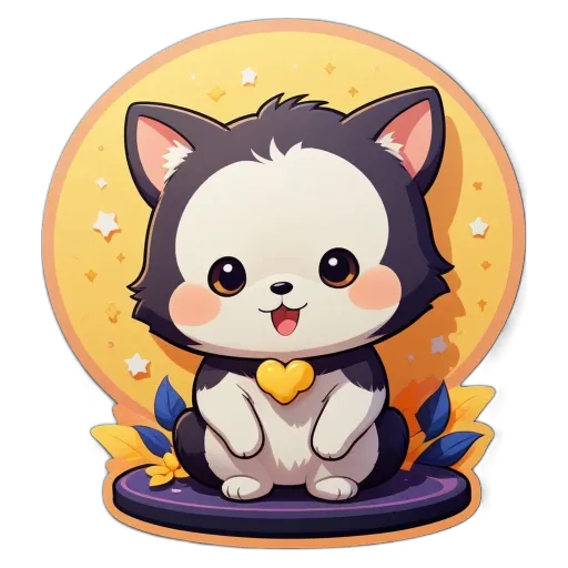 A cat with a heart is sitting on a black and white surface.