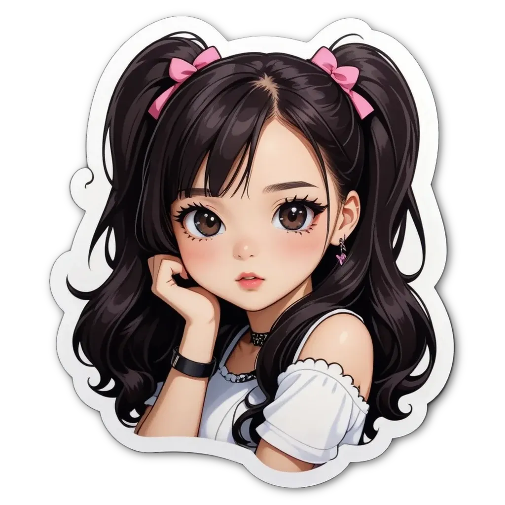 A sticker of a girl with her hand on her face.