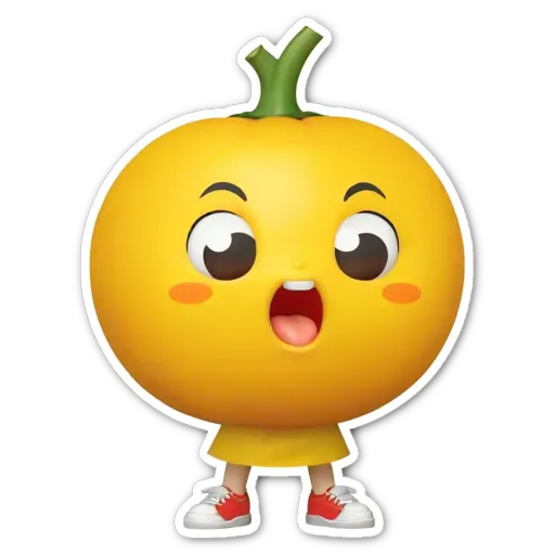 A sticker of a face of a girl that is wearing red shoes and a yellow dress.