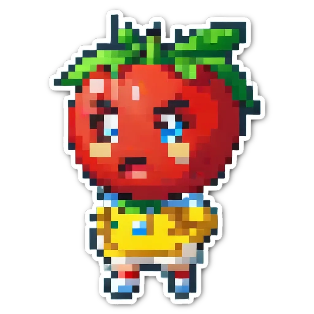 A pixelated drawing of a sad tomato on a black background.