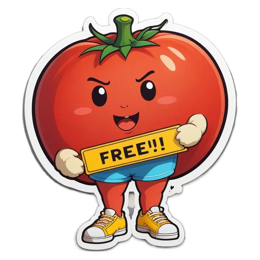 A tomato character holding a sign that says Free!.