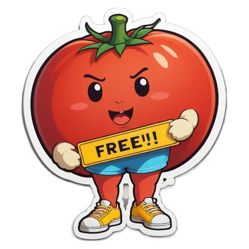 A tomato character holding a sign that says Free!.