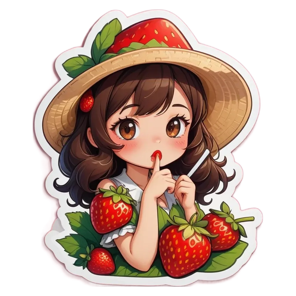 A girl is holding a strawberry and thinking really hard.