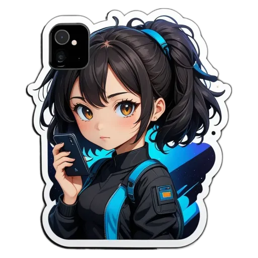 A girl looking at her phone with a case that has a anime character on it.