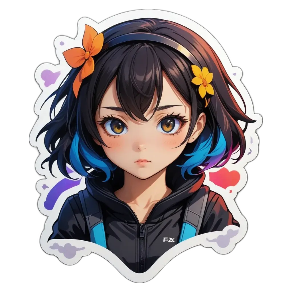 A girl with a black and blue hoodie with a yellow bow on her head.