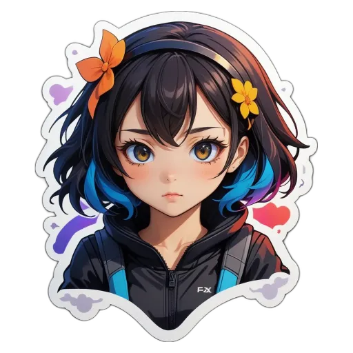 A girl with a black and blue hoodie with a yellow bow on her head.