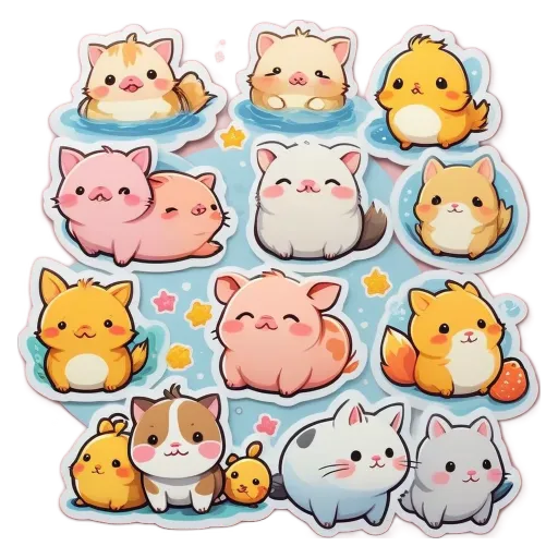 A collection of animal stickers including ducks and cats.