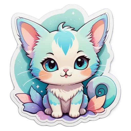 A cat with blue eyes and white fur is sitting on a leaf.