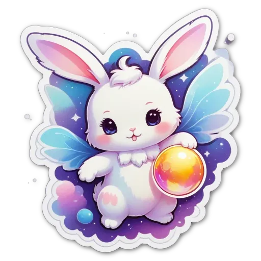 A rabbit holding a moon is in a dark background.