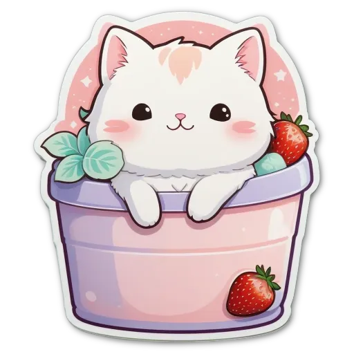 A cat with a strawberry and a leaf in a bowl.