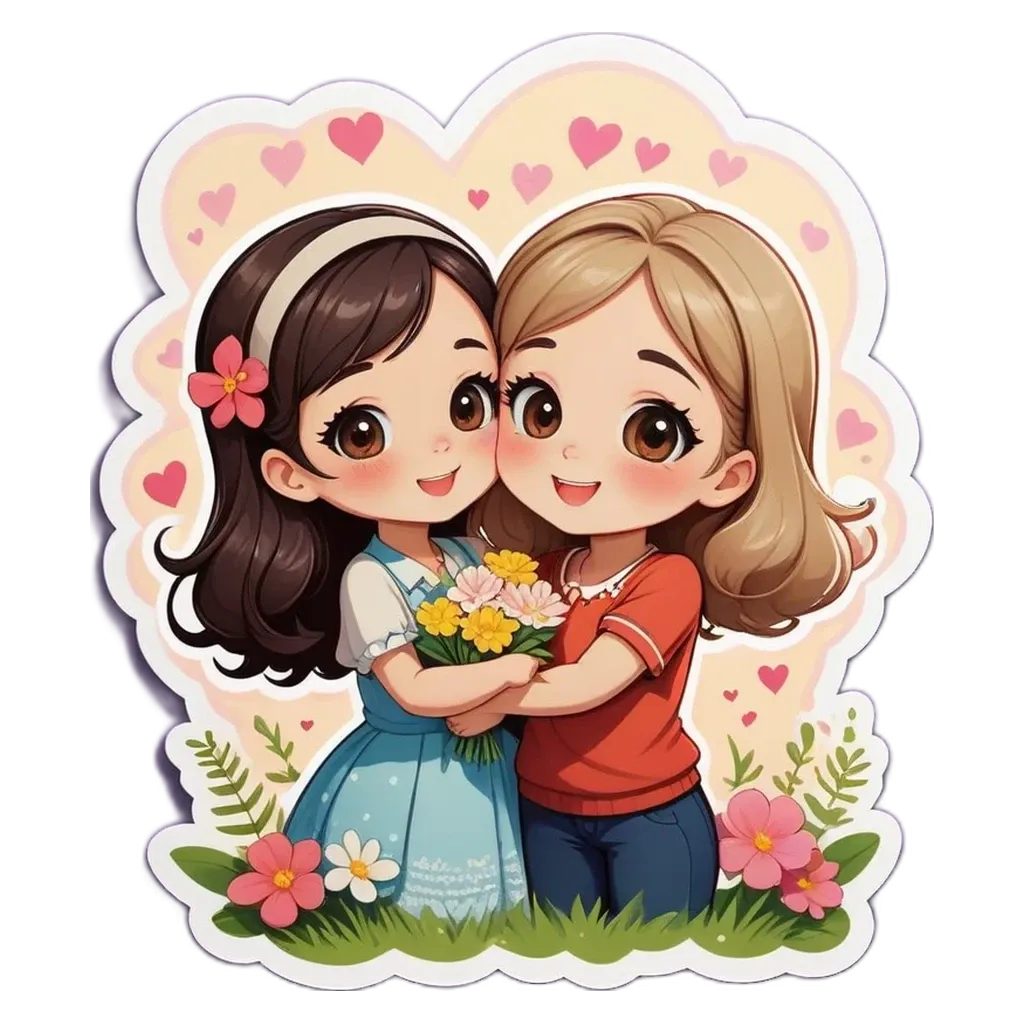 Two girls hugging each other in a field of flowers.