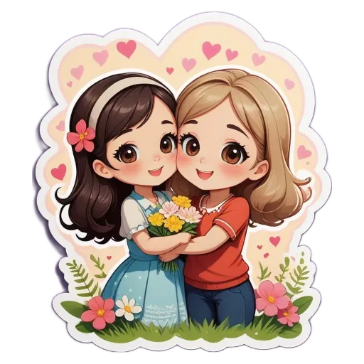 Two girls hugging each other in a field of flowers.