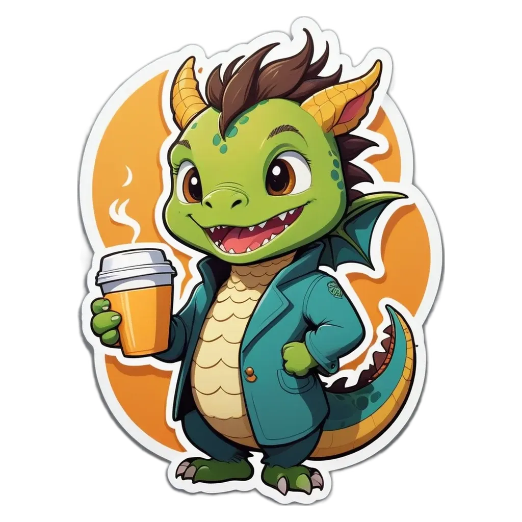 A cartoon drawing of a dragon holding a cup of coffee.