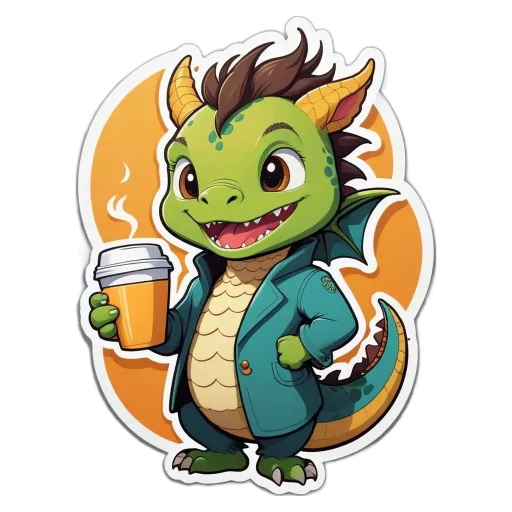 A cartoon drawing of a dragon holding a cup of coffee.