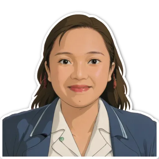 A woman wearing a blue jacket and a white shirt.