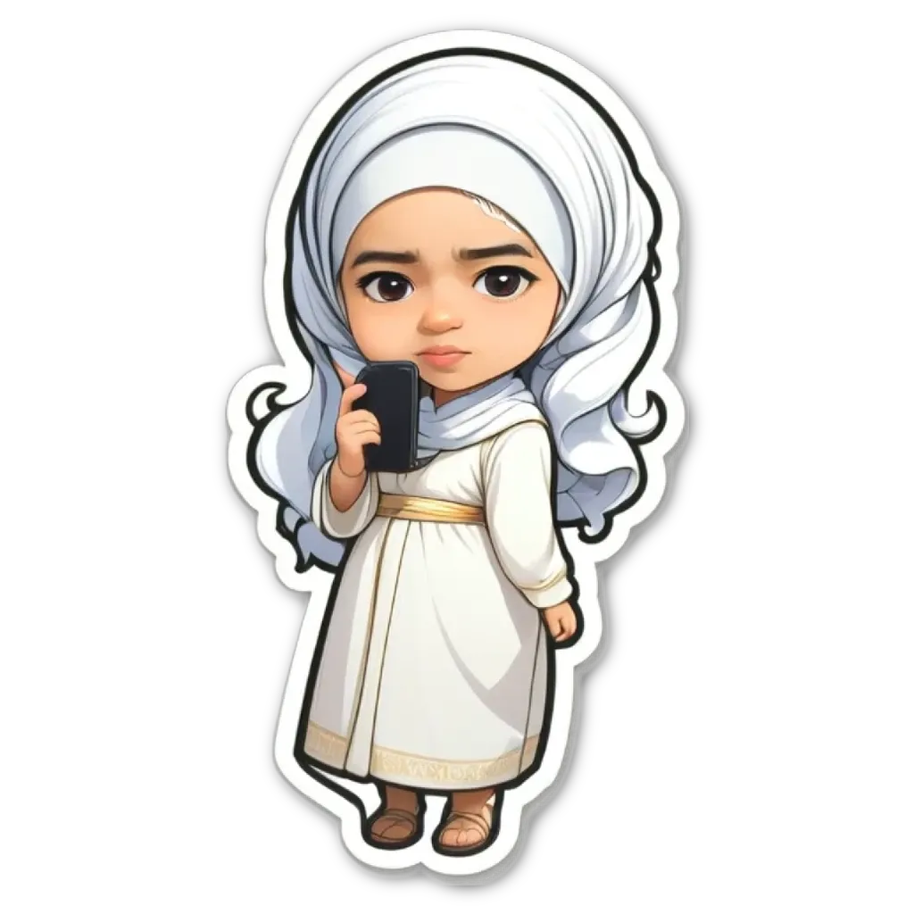 A cartoon or animated picture of a girl holding a cell phone.