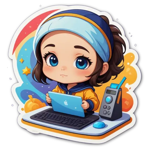 A girl using a laptop who is holding a pen and paper.